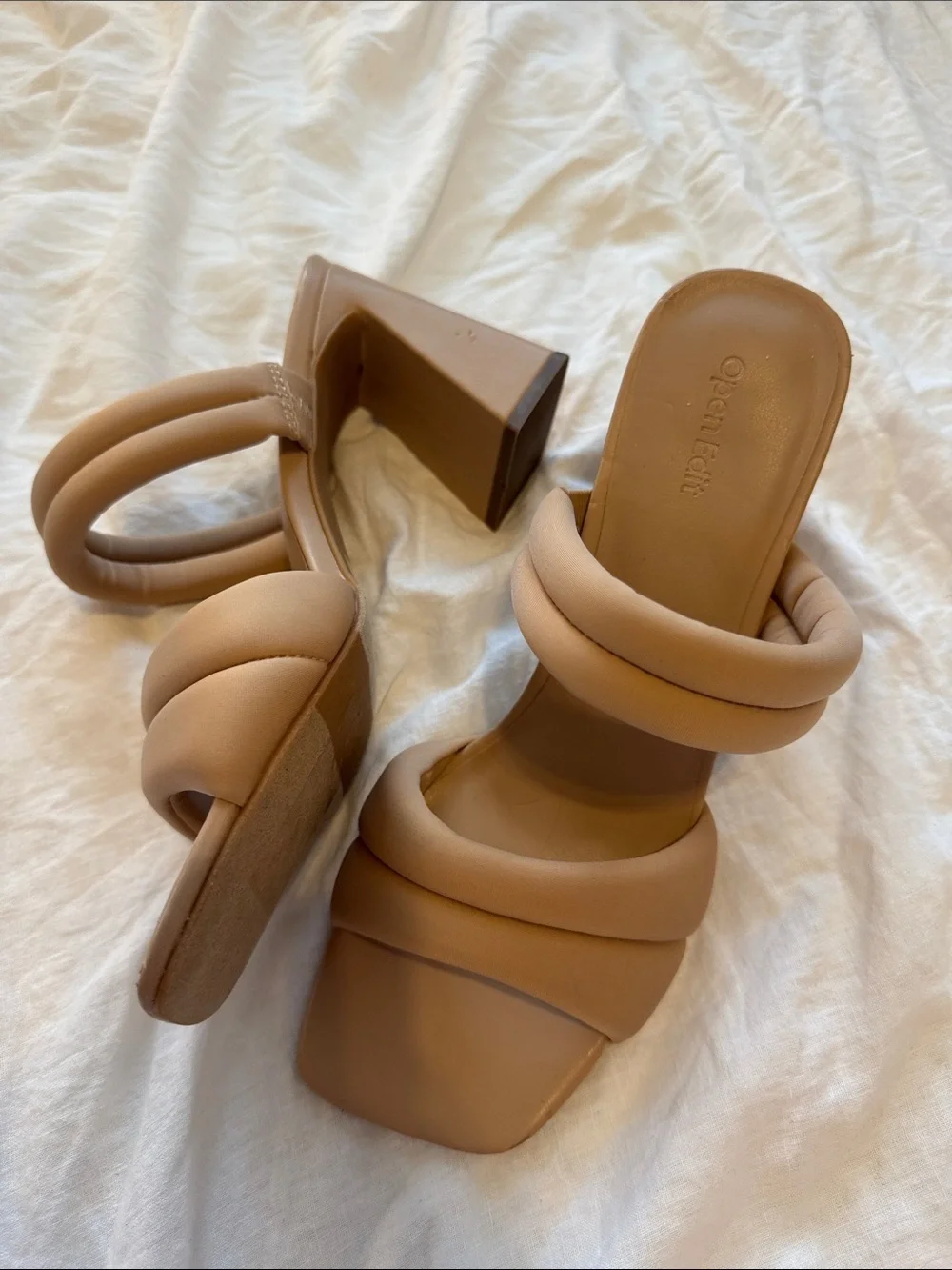 NWOT Open Edit Open Square Toe Nude Strappy Block Heels Size 10